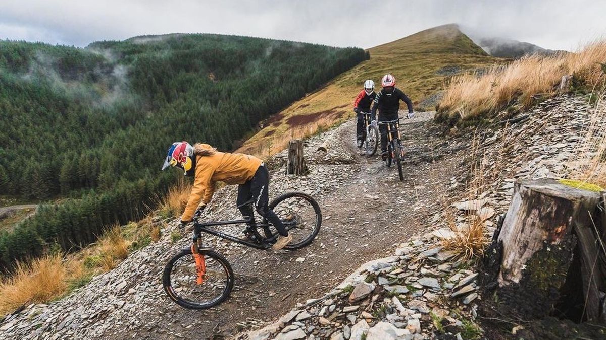 Rachel Atherton, Jim Monro and Paul Brett riding at Dyfi MTB park