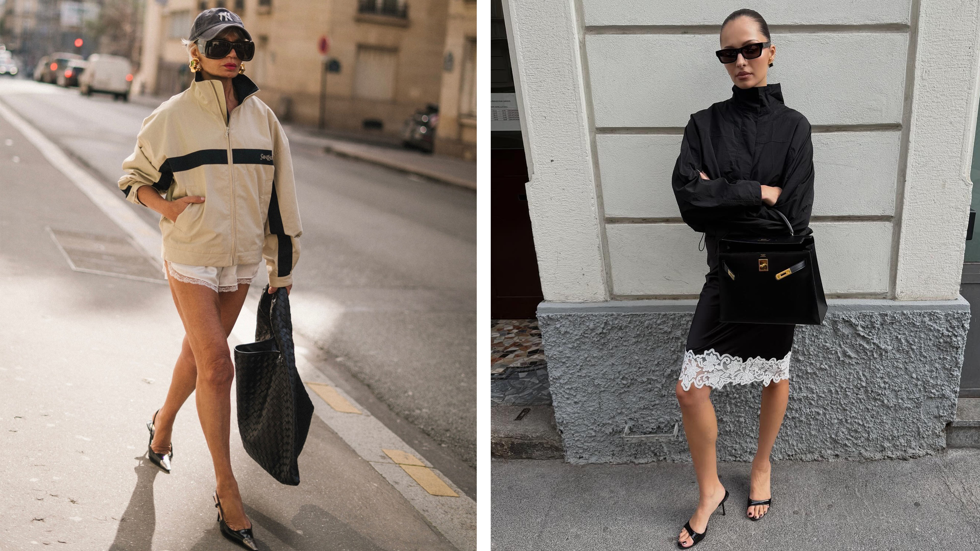 Women wearing sporty jackets with lace-trim shorts and skirts