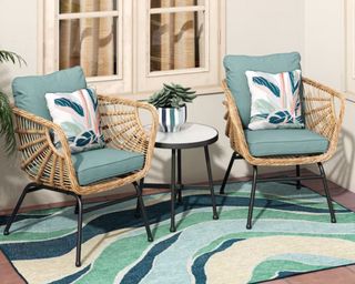 outdoor furniture at Lowe's wicker bistro set with teal cushions
