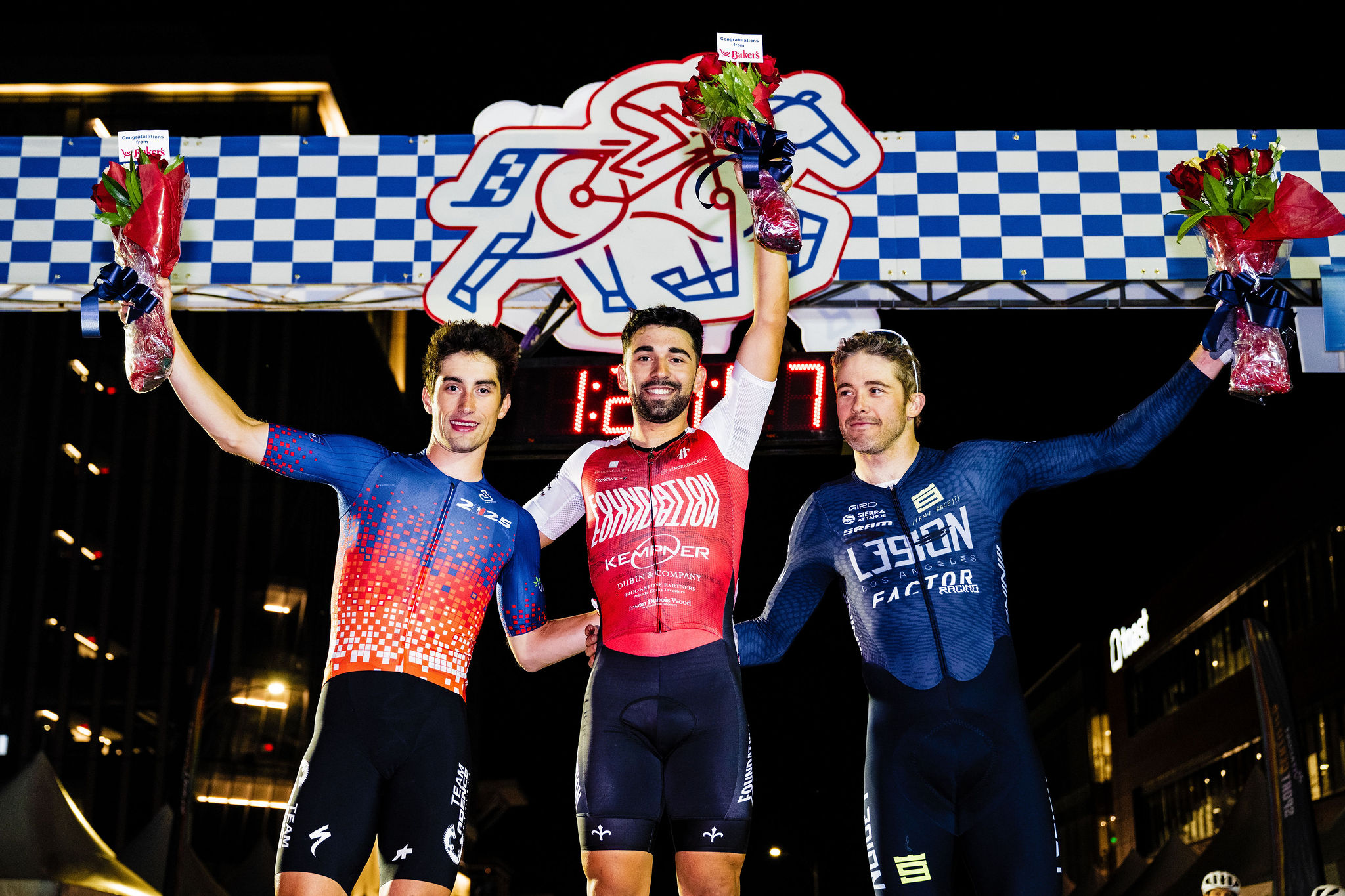 Elite men's podium at 2025 Aksarben Tirc criterium in downtown Omaha, the seventh round of men's races in USA CRITS