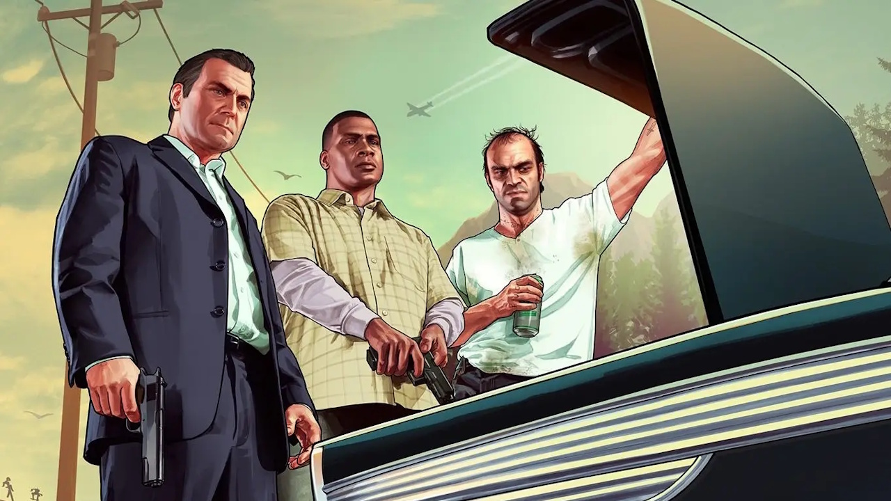 GTA 5 Cheats - Michael, Franklin, and Trevor standing beside an open hood of a car