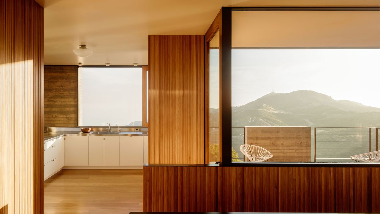 Wooden living room in Saddle Peak House, Santa Monica 