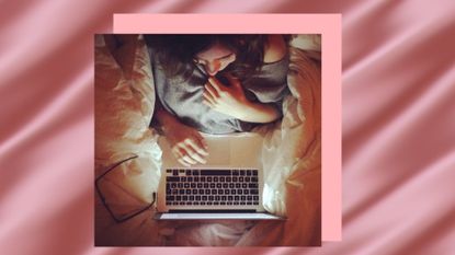 woman on laptop in bed watching the screen, meant to symbolize woman watching porn