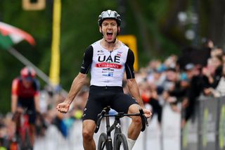 MONTREAL QUEBEC SEPTEMBER 10 Adam Yates of Great Britain and UAE Team Emirates celebrates at finish line as race winner during to the 12th Grand Prix Cycliste de Montreal 2023 a 2214km one day race from Montreal to Montreal UCIWT on September 10 2023 in Montreal Quebec Photo by Dario BelingheriGetty Images