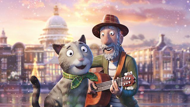 Wintery scene from the new BBC One animation Tabby McTat featuring grey cat Tabby and a busker with a guitar.