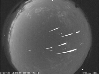 Eta Aquarid meteors captured at the NASA All Sky Fireball Network station in Tennessee in May, 2013.