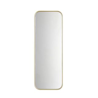 A rectangular gold mirror with curved edges