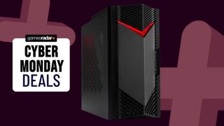 An Acer Nitro 50 gaming PC on a red Cyber Monday background