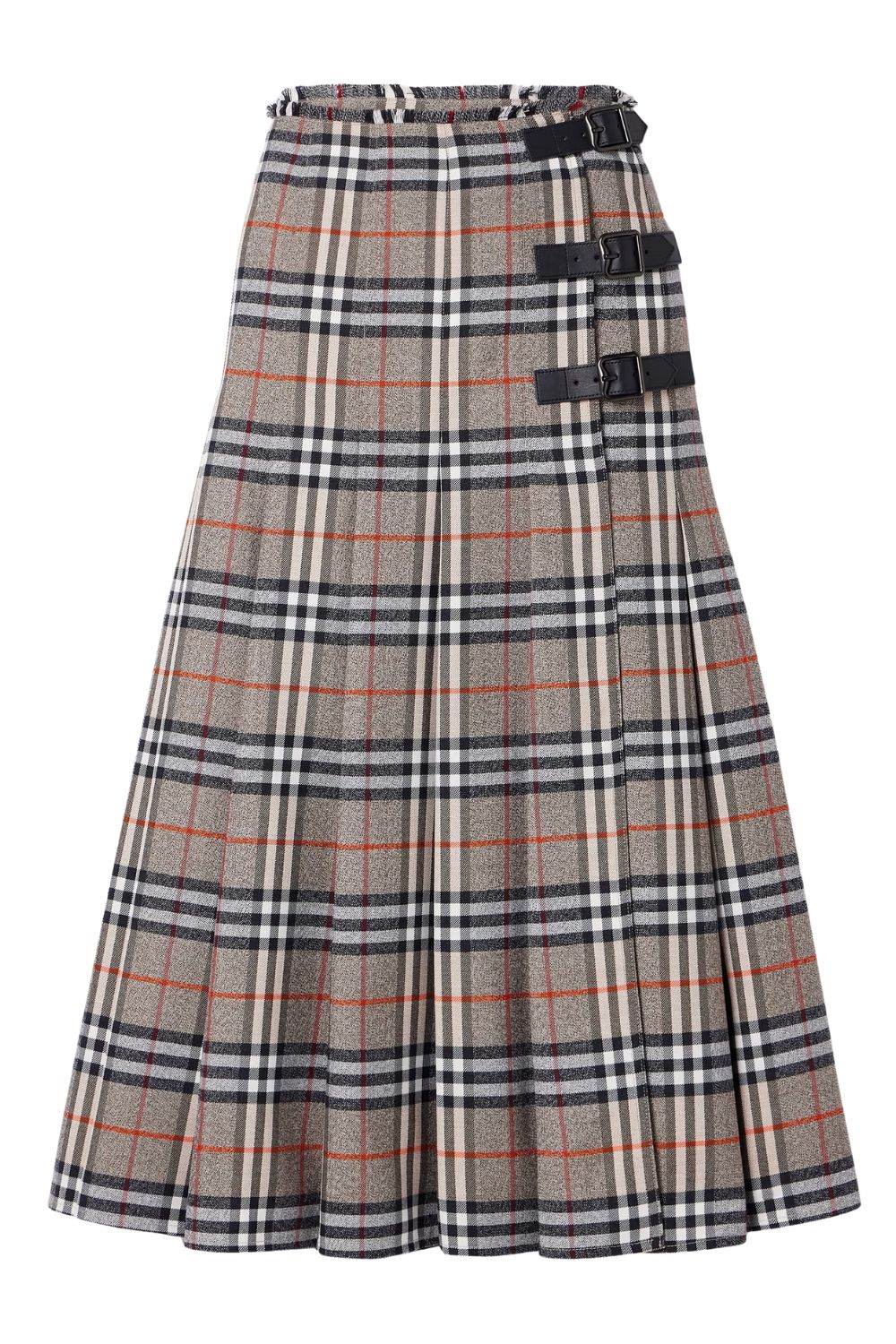 Burberry Leather-trimmed pleated checked wool midi skirt