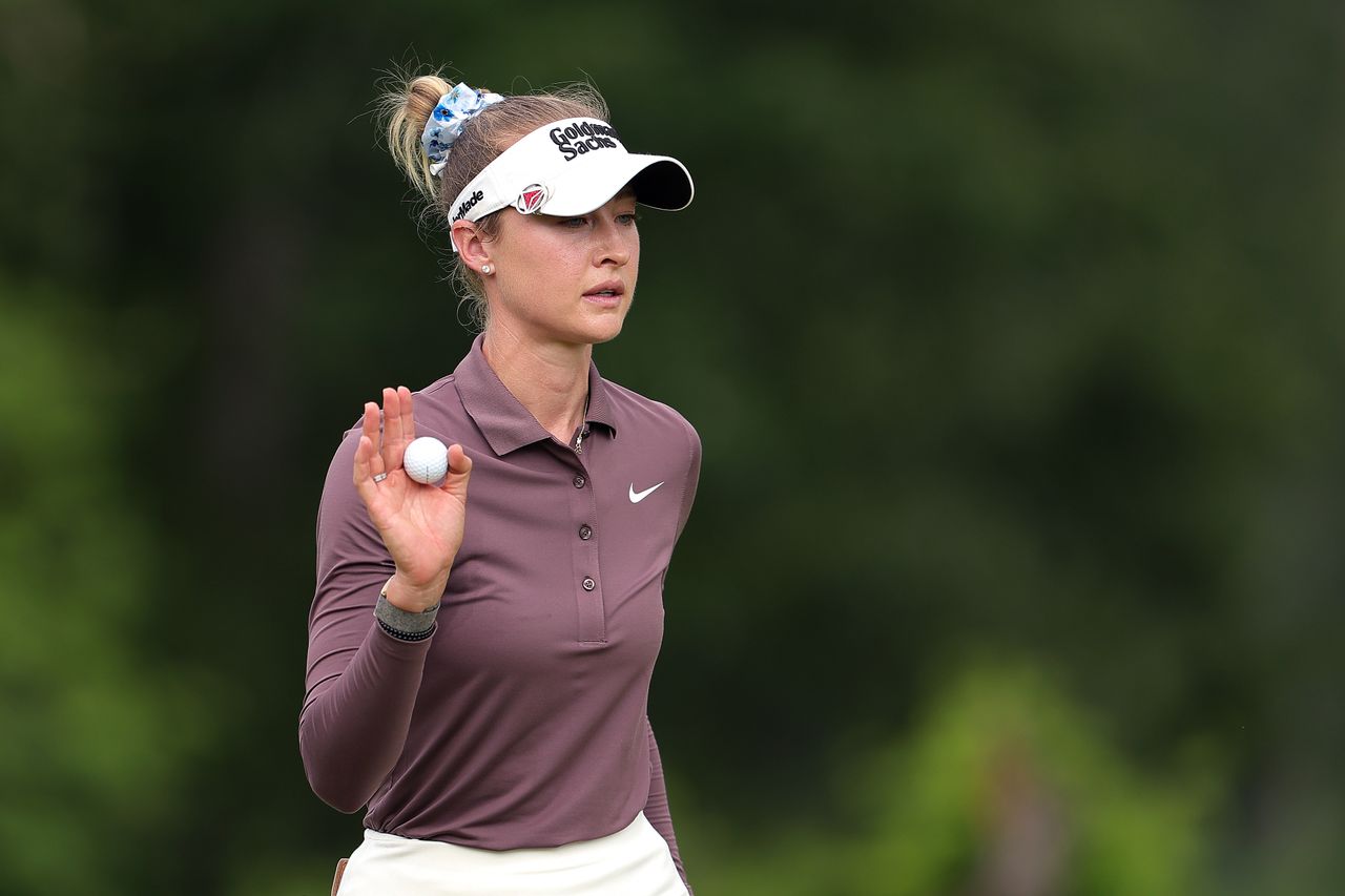 Nelly Korda acknowledges the crowd after a putt on the seventh green during the second round of The Chevron Championship