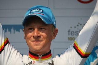 Fabian Wegmann (Team Milram) celebrates his victory on the podium.