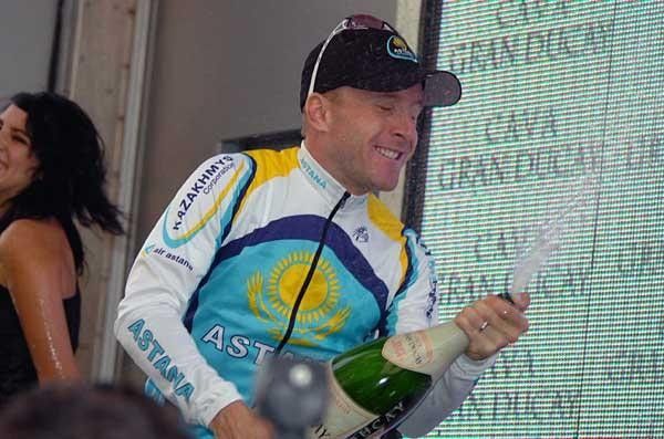 Celebration time: Levi Leipheimer (Astana) sprays some success around on the podium.