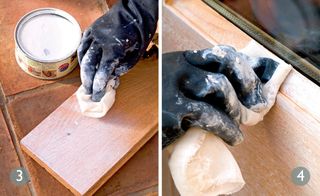 a gloved hand applying solution to wooden - DIY expert Helaine Clare demonstrates how to lime wood