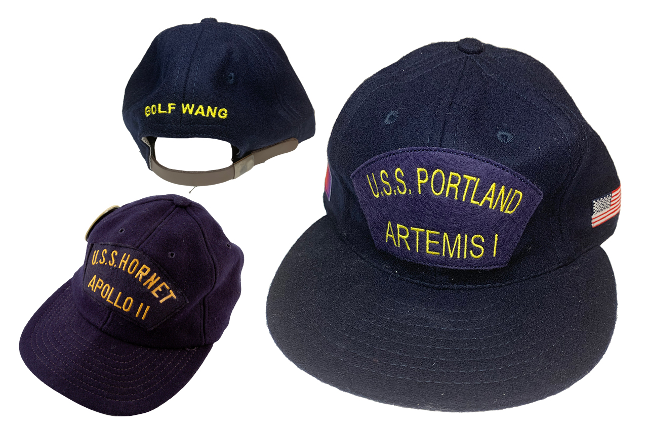 Oxcart Assembly worked with Golf Wang and Ebbets Field Flannels to create a ballcap for the agency's Artemis I recovery coverage taking inspiration from the U.S. Navy hats that were presented to and worn by the Apollo astronauts (example at lower left) 50 years ago.