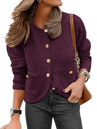 Caracilia Women's Cropped Cardigan Sweaters Open Front Button Down Knit Lady Jackets Outerwear With Pocktes 2024 Fall Clothes Burgundy S