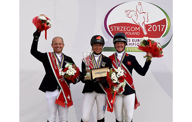 European eventing medallists (L-R): Michael Jung, silver; Ingrid Klimke, gold; and Nicola Wilson, bronze