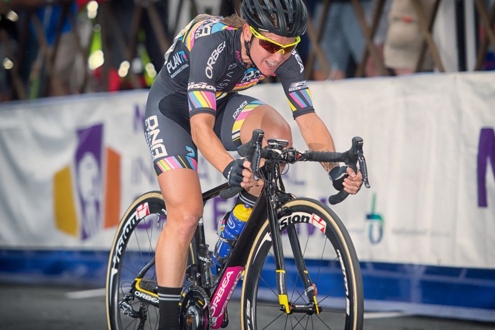 Agressor Sara Tussey of Visit Dallas DNA Pro Cycling off the front of the 2016 Charlotte Criterium presented by Novant Health