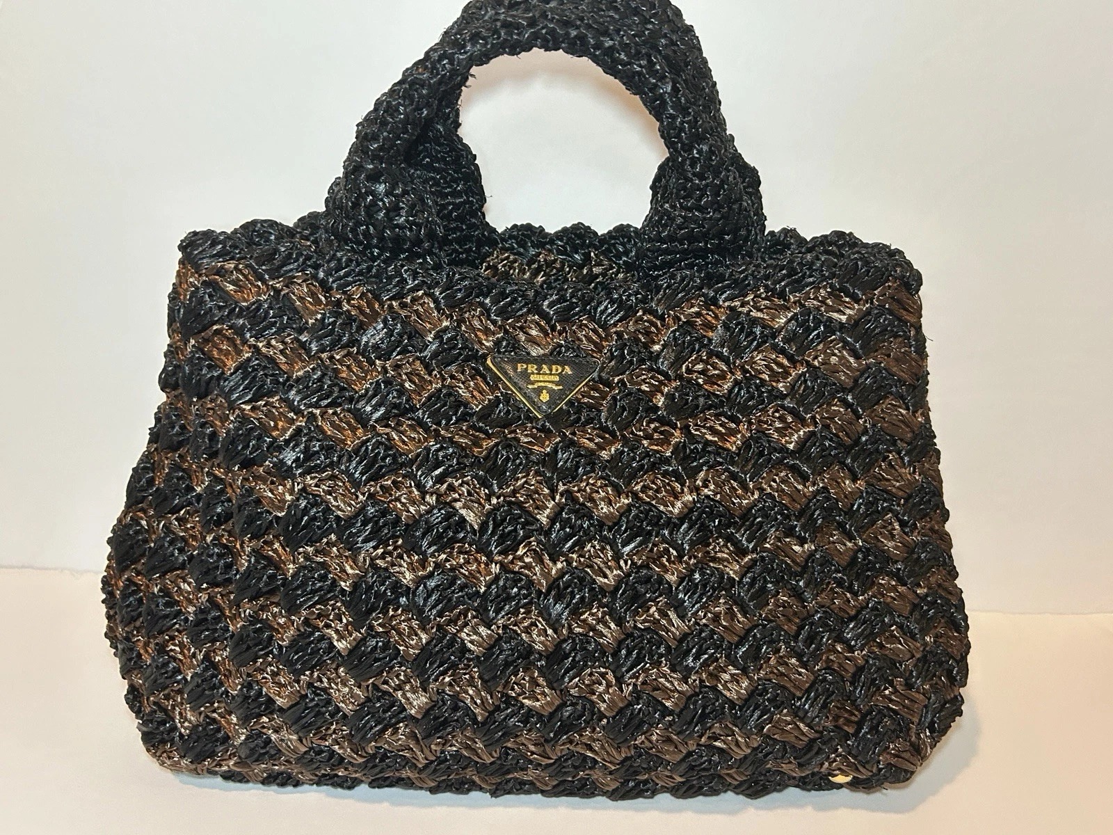 Prada, Black Brown Braided Woven Top Handle Bag Gold Hardware