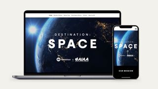 photo of a laptop screen and smartphone screen, both of which read &quot;destination: space&quot; with earth in the background