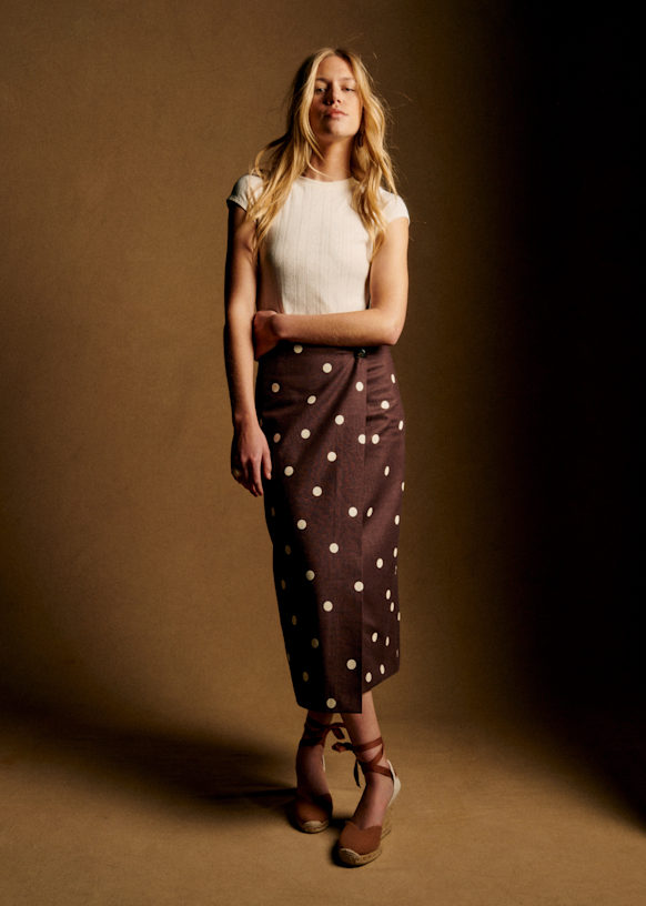Pierra Skirt - Ecru Polka Dots on Chocolate Print - Linen - Sézane
