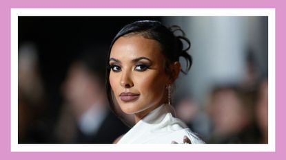 Maya Jama pictured wearing a white dress, with her hair up as she attends the National Television Awards 2022 at The OVO Arena Wembley on October 13, 2022 in London, England./ in a purple template