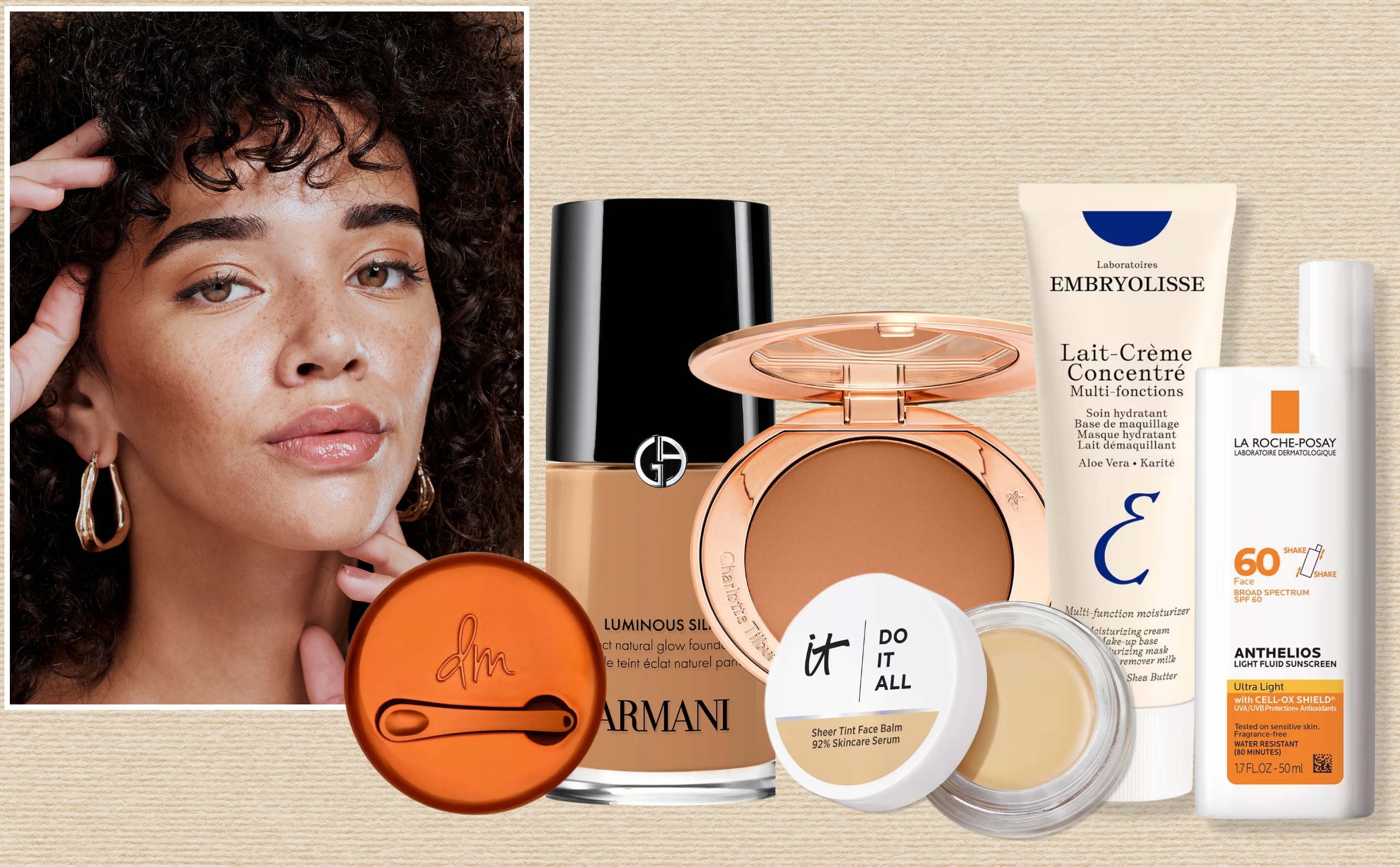 Collage of a model with dewy makeup and visible freckles beside foundation, face powder, tinted balm, moisturizer and sunscreen on a beige background