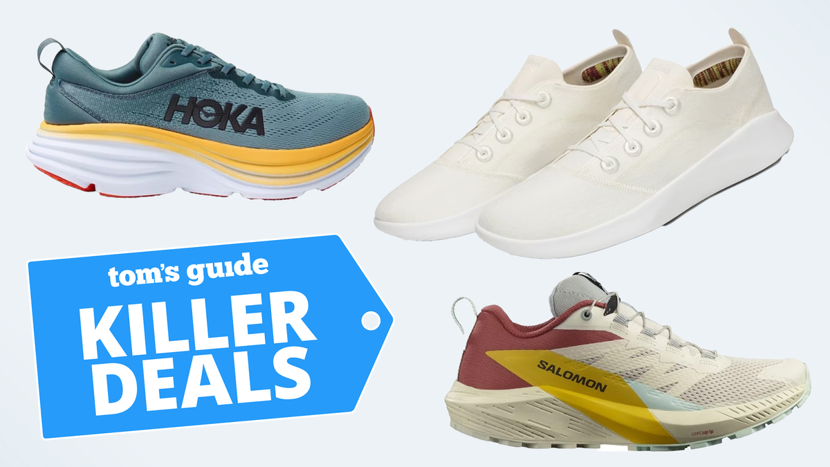 Hoka silo, Allbirds silo, and Salomon silo on light blue background with Killer Deals badge