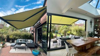 garden patio area shaded by a large garden awning