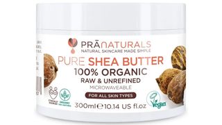 Image of a tub of shea butter with coconut illustrations