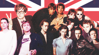 A montage of Blur, Elastica, Pulp, Suede and Oasis in front of a Union Flag