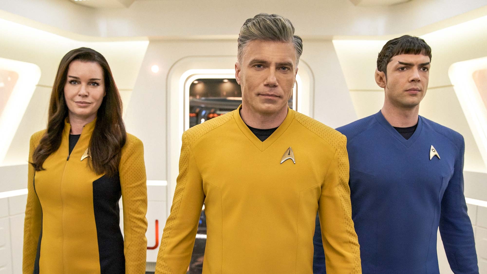 Rebecca Romijn as Number One, Anson Mount as Captain Christopher Pike and Ethan Peck as Science Officer Spock in Star Trek: Strange New Worlds