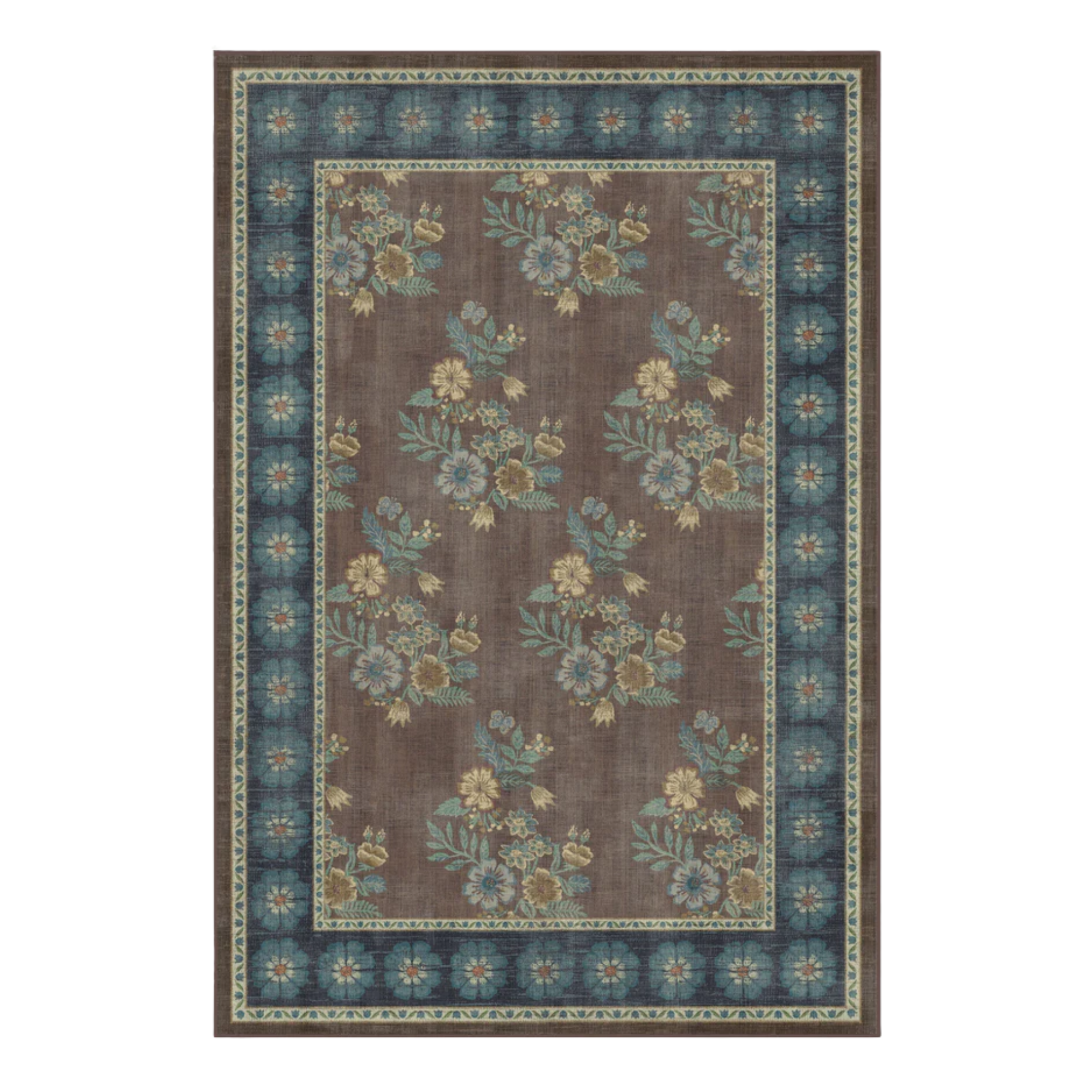 a floral area rug in shades of brown and blue