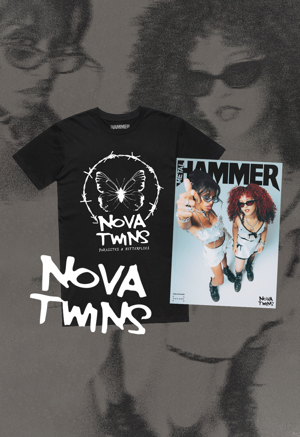 Nova Twins on the cover of Metal Hammer, next to a black t-shirt with a white butterfly graphic