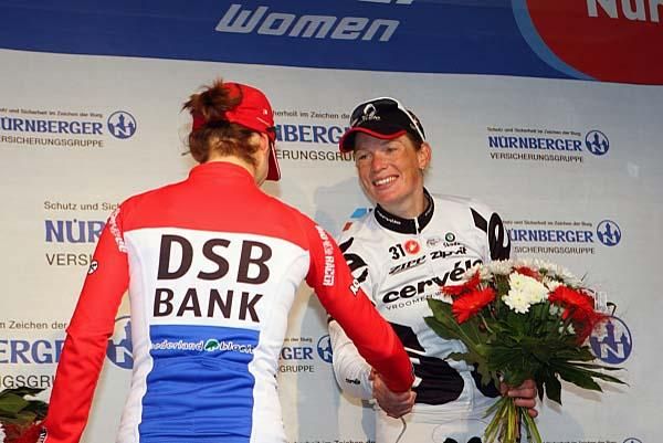 World Cup Champion, Marianne Vos (DSB Bank), is congratulated by Kirsten Wild (Cervelo Test Team), who took thrid overall