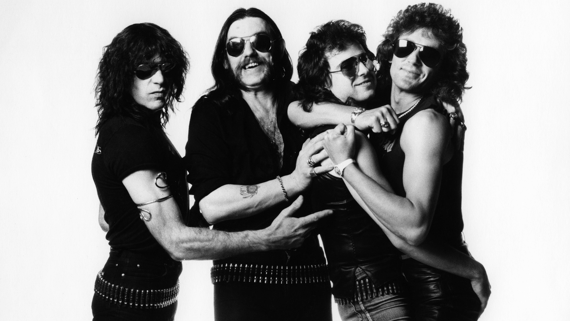 LEMMY and MOTORHEAD posed in London in July 1984. Left to Right: Mick "Wurzel" Burston, Lemmy Kilmister, Phil Campbell, Pete Gill.