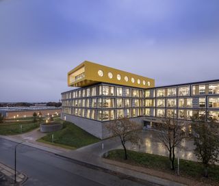 Front image of a lego campus building