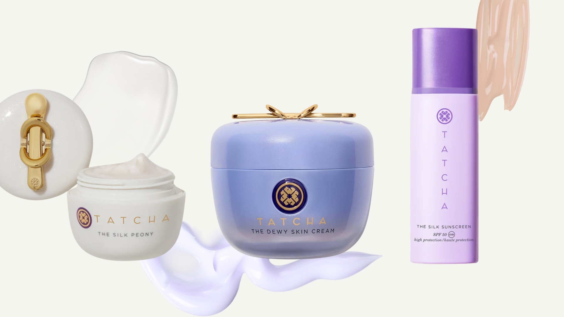 A collage of Tatcha skincare including the Silk Peony eye cream, the Dewy skin cream, and the silk sunscreen/ all featured on a cream template with colourful moisturiser and sun cream streaks