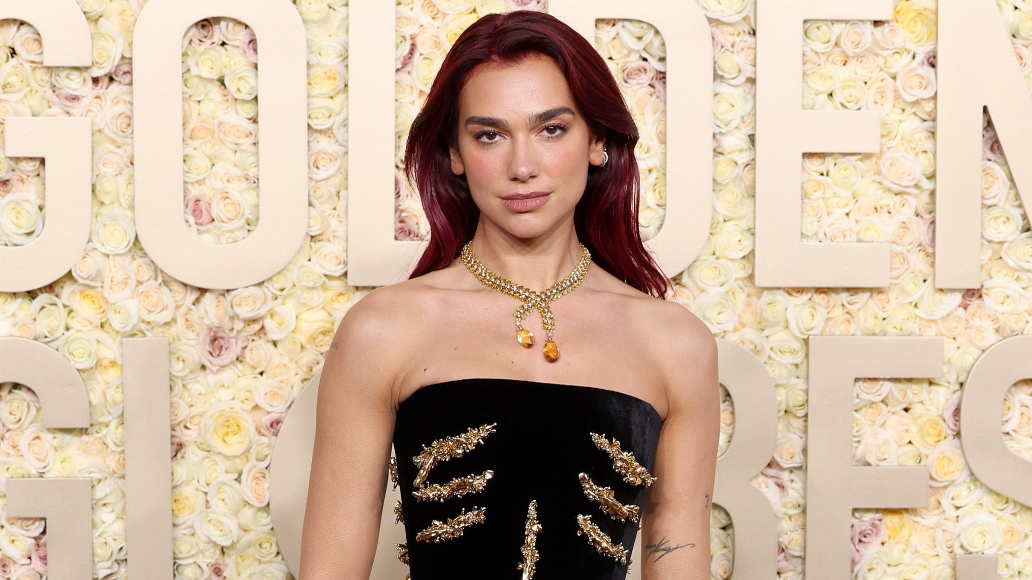 dua lipa schiaparelli dress icons party Dua Lipa Wore a Custom Velvet Schiaparelli Gown to the Golden Globes