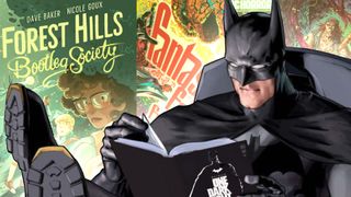 Covers from DC, Marvel, and Simon & Schuster combined with image of Batman reading