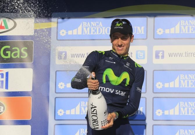 Adriano Malori (Movistar) celebrates his win in the Tirreno-Adriatico time trial