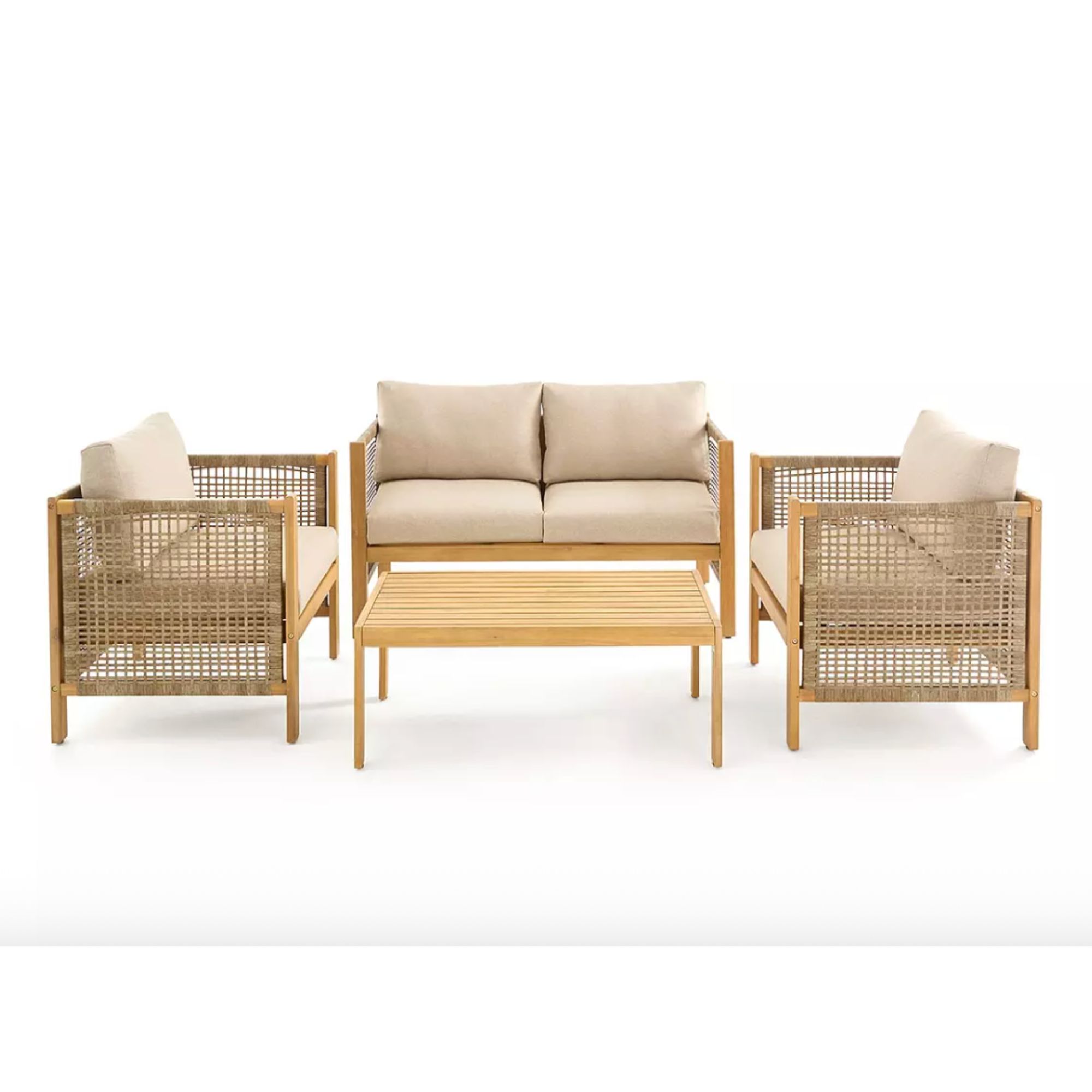 Monterrey Sofa Set, wooden with rope arm design and beige cushions