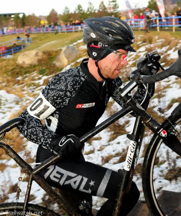 JT Fountain (Cyclocrossracing.com) running up the long set of steps.