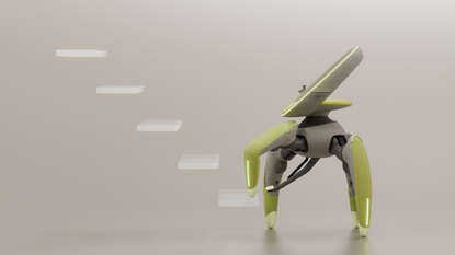 Walk me prototype. A robot with 3 legs created to help with mobility and transport.