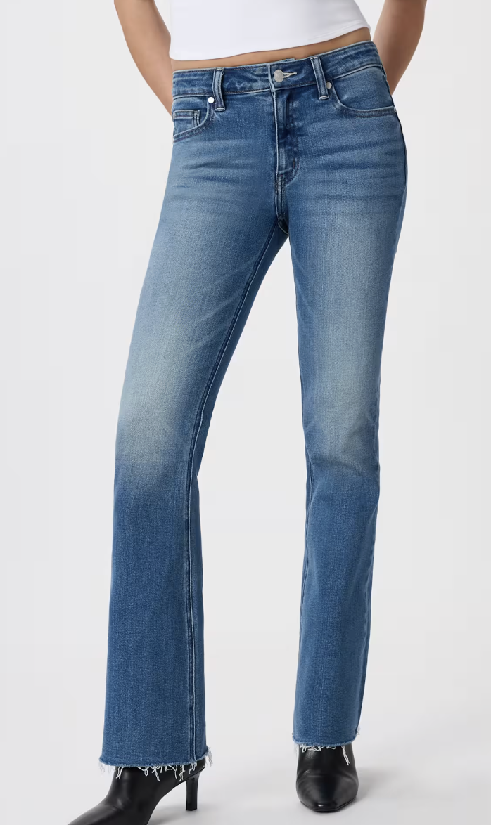 Quince, Luna Stretch Flare Jeans in Twilight Blue Fray