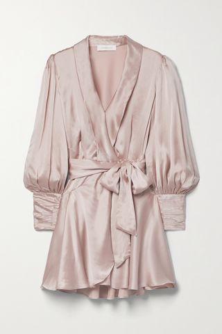 Ruffled Silk-Satin Mini Wrap Dress