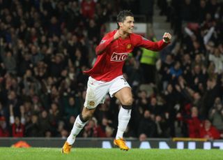 Cristiano Ronaldo celebrates after scoring for Manchester United against Newcastle in January 2008.