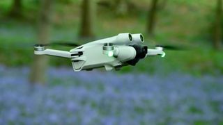 DJI Mini 3 Pro flying in a forest with bluebells