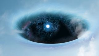 a black hole in a swirling blue and white sky