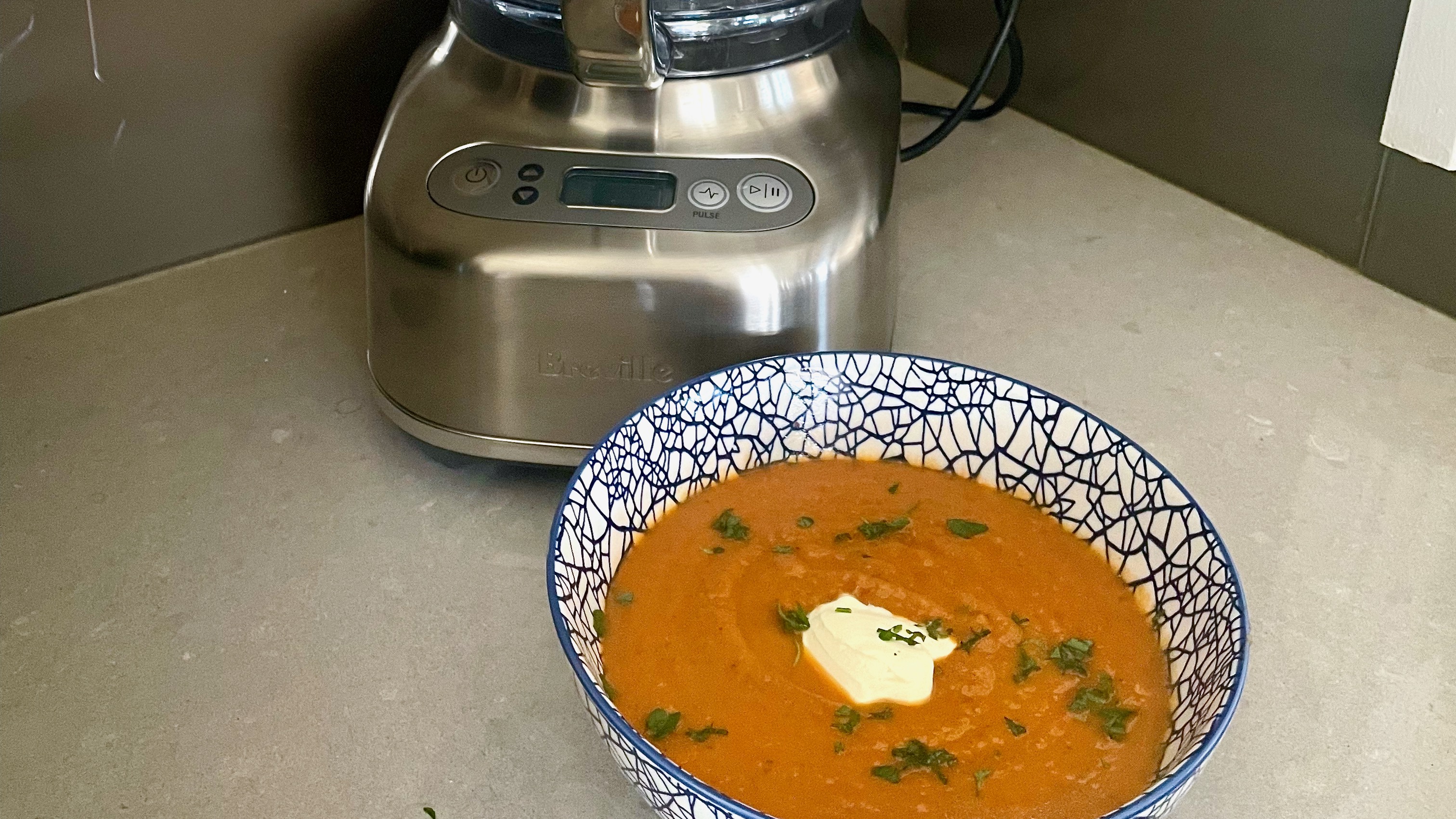 a bowl of vegetable soup in front of the Breville Paradice 16