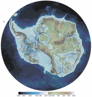 Map of Antarctica showing the elevation of the landscape beneath the ice sheet.